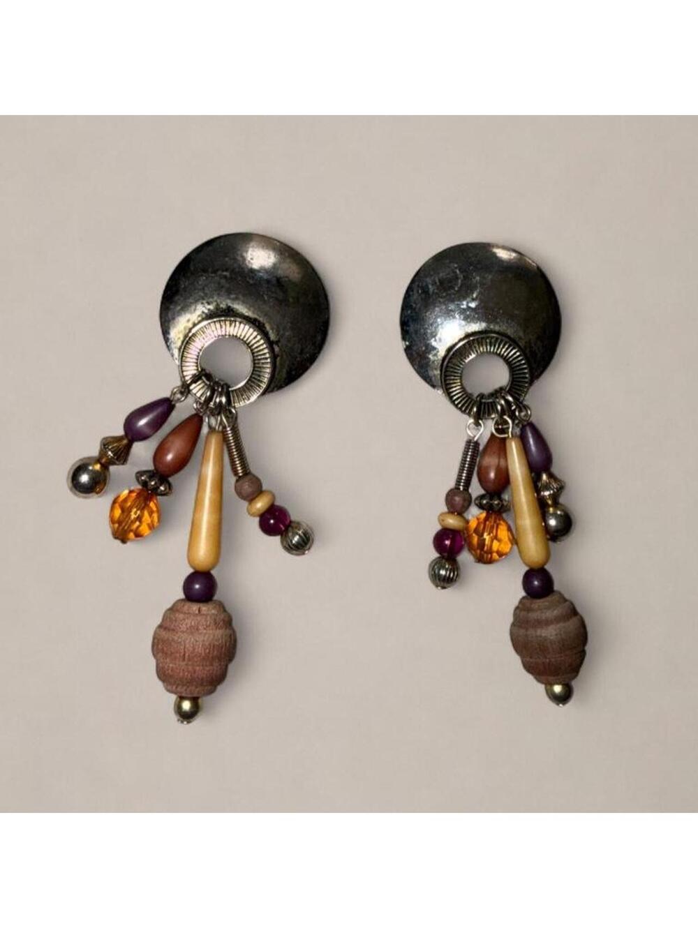 Vintage Boho Beaded Clip-On Dangle Earrings